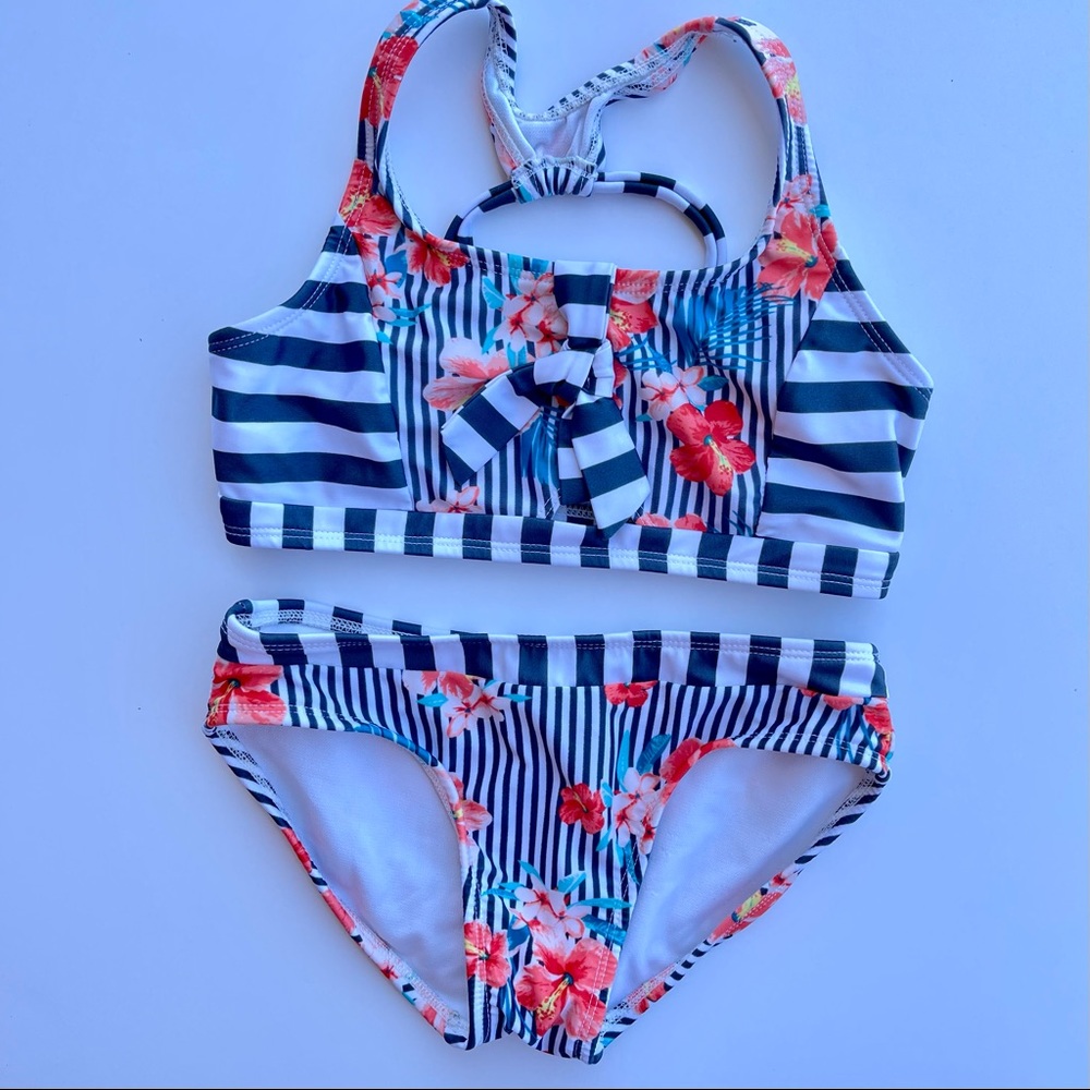 Art Class Girls medium 7/8 Hibiscus Striped Swimwear, 2 piece Bikini